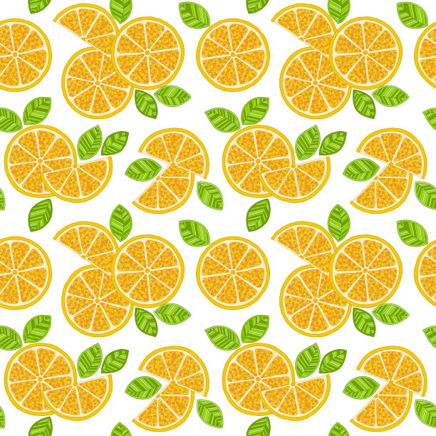 橙子切片无缝图案。手绘新鲜热带柑橘类水果。图片下载