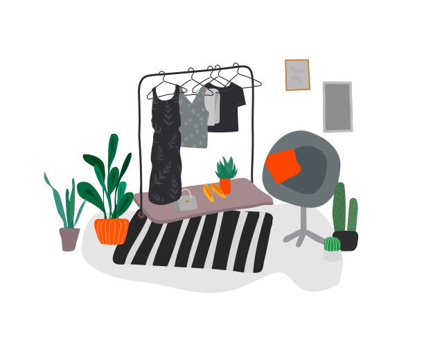 斯堪的纳维亚或北欧风格的客厅室内。手绘。衣柜在斯堪的纳维亚，风格舒适的室内与家植物。卡通图片下载