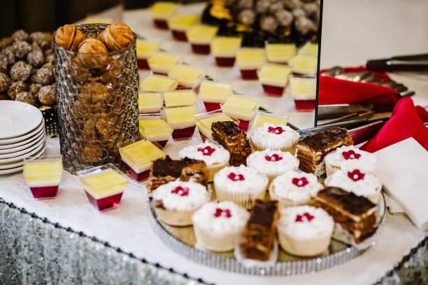 甜蜜的表。一盘蛋糕和松饼。有糖果的桌子，自助餐。为派对准备的甜点桌为婚礼准备的好东西。糖果酒吧。装饰的很好吃。图片下载