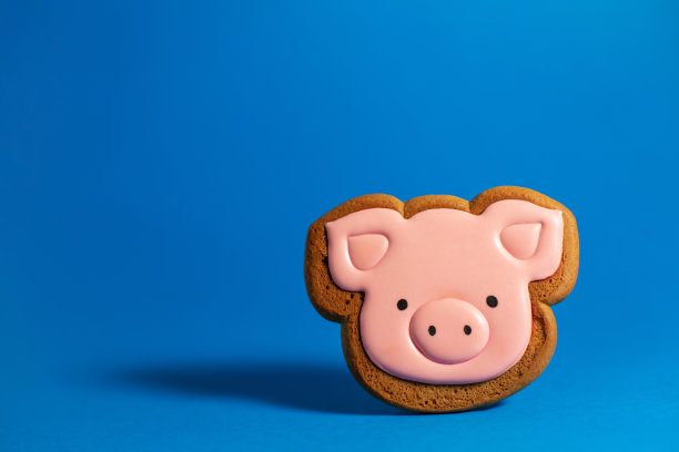 蓝色背景上可爱的粉红猪的姜饼。传统的圣诞食物。圣诞节和新年假期概念。Copyspace图片下载