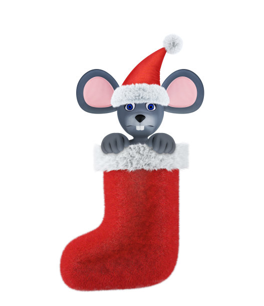 农历鼠年。2020年新年快乐。横幅,传单,明信片。老鼠在圣诞袜子上孤立白色。三维渲染图片下载