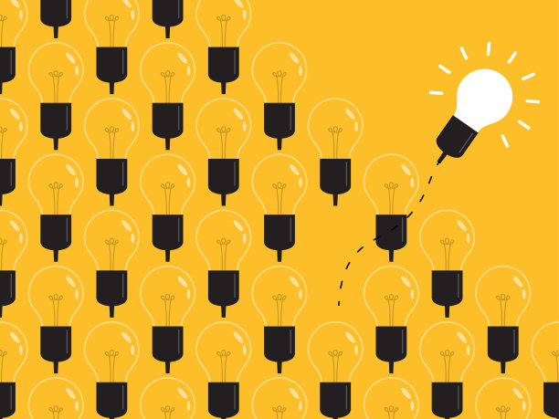 与众不同的思考，从人群中脱颖而出——灯泡的图形代表了经营理念。新观念、变化、潮流、勇气、创造性解决方案、创新和独特方式的观念。图片下载