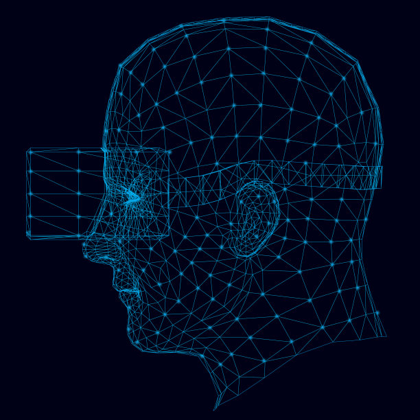 虚拟现实眼镜中人头的线框。侧视图。在黑暗的背景上用蓝色的线和发光的灯形成的头部轮廓。矢量图图片下载