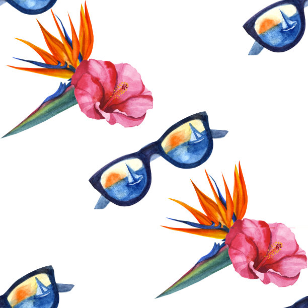 水彩热带异域无缝图案。手绘花卉插画图片下载