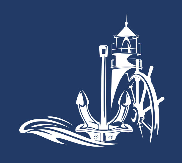 海上航行冒险矢量剪影设置灯塔，舵，锚和波浪图片下载