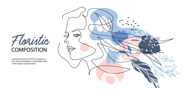 长头发的女人。轮廓的花朵。水平的旗帜。女性的脸被画成一条线。图片下载