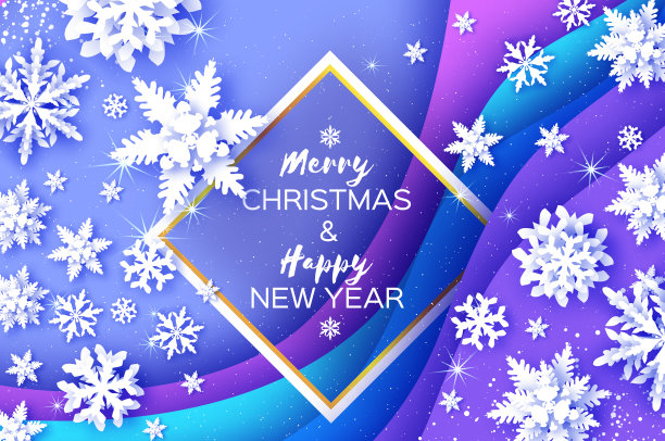 折纸雪花在蓝色层次的背景。圣诞快乐，新年快乐。神奇的降雪。菱形框架文本。图片下载