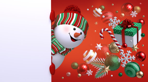 3d雪人看着角落。圣诞节的背景。礼品盒，玻璃球，装饰品。空白横幅，贺卡模板，商业海报模型。节日的概念图片下载