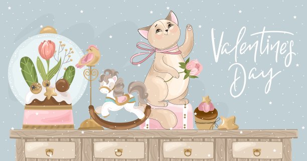情人节卡片。带有节日元素的浪漫猫咪。手刻字。矢量插图。模板邀请，问候，祝贺，海报，照片覆盖。图片下载