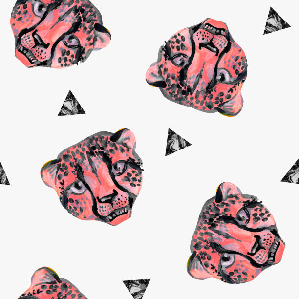 创造性的水彩画非洲野猫(猎豹)口吻在白色的背景。奇异野生动物和几何元素无缝图案图片下载