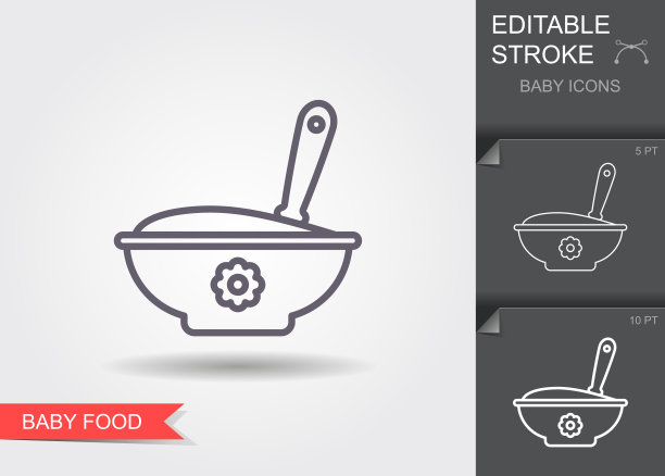婴儿勺和碗装满了饭。线条图标与可编辑的描边与阴影图片下载