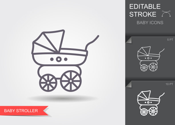 婴儿推车。轮廓图标与可编辑的笔触。线性象征着对儿童的关爱与阴影图片下载