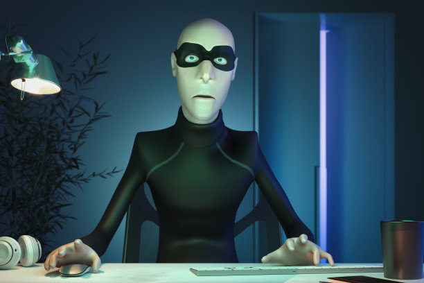 角色黑客约翰骗子在面具使用PC进行在线盗窃呆在他的办公室。前视图。3 d渲染。图片下载