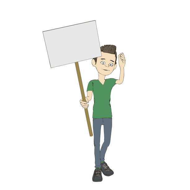 卡通人物男孩显示空白板。矢量插图轮廓。图片下载