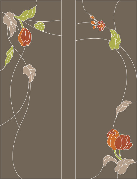 矩形框架内的彩色玻璃面板。经典的窗户，抽象的花蕾和叶的安排在新艺术风格。彩色玻璃窗户。图片下载