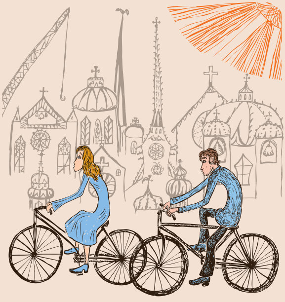 矢量插图的骑自行车的夫妇在魔法城市。图片下载