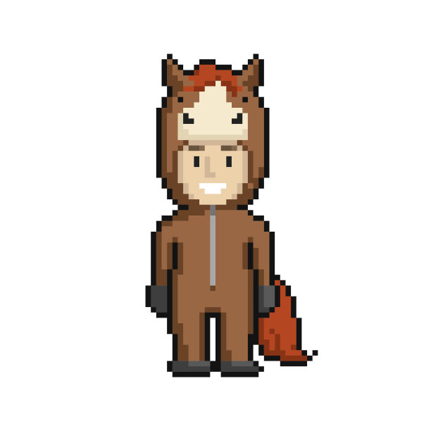 Сute卡通小孩在马的服装。白色背景上的像素艺术。矢量插图。图片下载