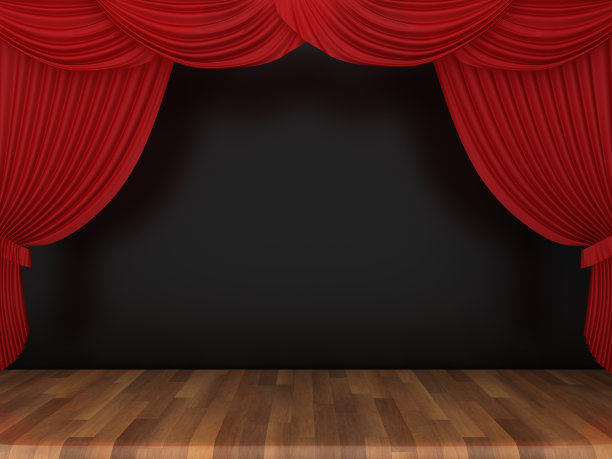 红色舞台窗帘在木地板- 3D渲染图片下载
