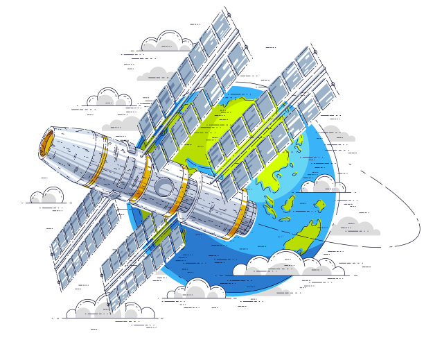 绕地球轨道飞行的空间站，装有太阳能电池板的宇宙飞船，人造卫星。细线三维矢量插图。图片下载