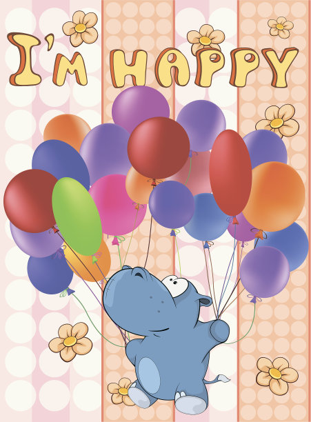 生日贺卡可爱的卡通人物河马。向量贺卡。快乐的时刻。祝贺图片下载