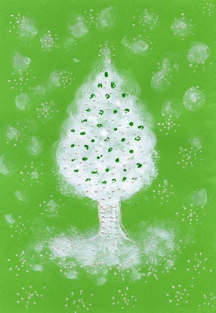明亮的抽象插图在圣诞节的主题-圣诞树覆盖的雪在绿色的背景。由丙烯酸颜料制成图片下载