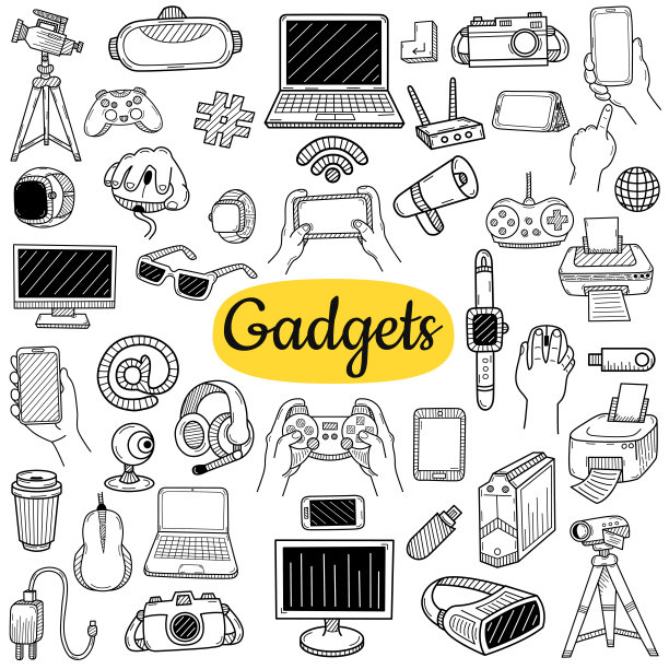 小工具元素的大集合。技术的概念。手绘草图。复古矢量雕刻插图海报，网页。图片下载