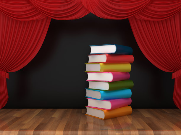 书与红色舞台窗帘在木地板- 3D渲染图片下载