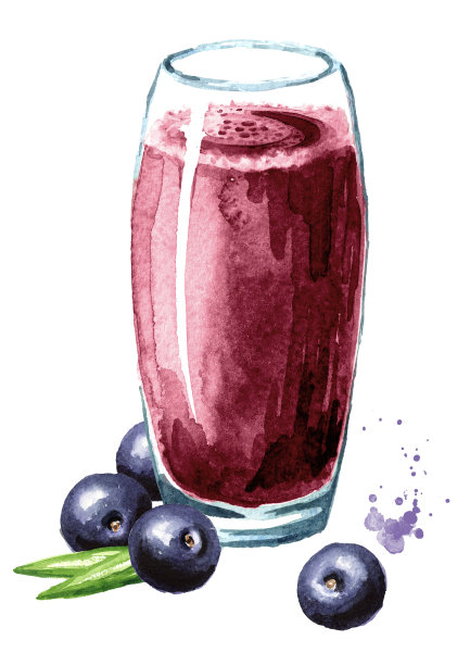 一杯巴西莓汁加新鲜巴西莓。水彩手绘插图孤立的白色背景图片下载
