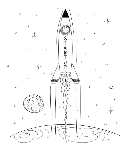 矢量卡通插图太空火箭飞高和离开地球，成功创业的商业概念图片下载