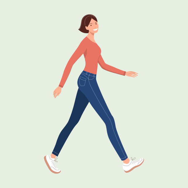 走路的年轻女子，穿着毛衣，牛仔裤，灰色背景的运动鞋。美丽的运动的女孩。完全的女性角色。图片下载