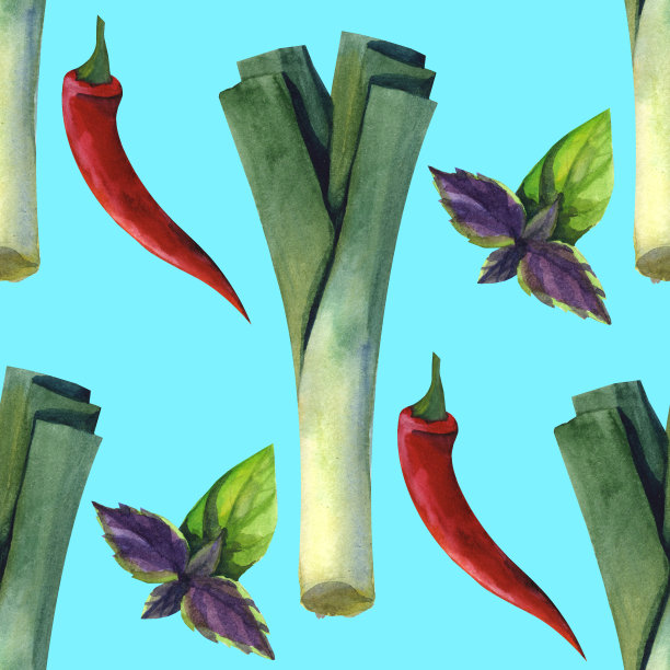 水彩无缝图案与洋葱韭菜。手绘装饰背景。印刷纺织品，布料，墙纸，剪贴簿图片下载