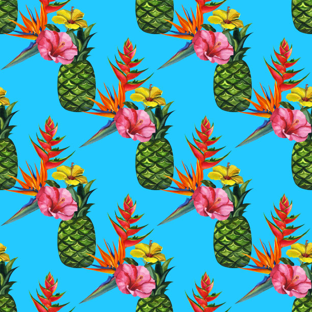 水彩图案与热带棕榈叶，菠萝，和花。无缝图案，夏日背景图片下载