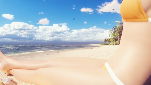 美丽的场景与性感的女人在海滩上的日出。三维渲染图片下载