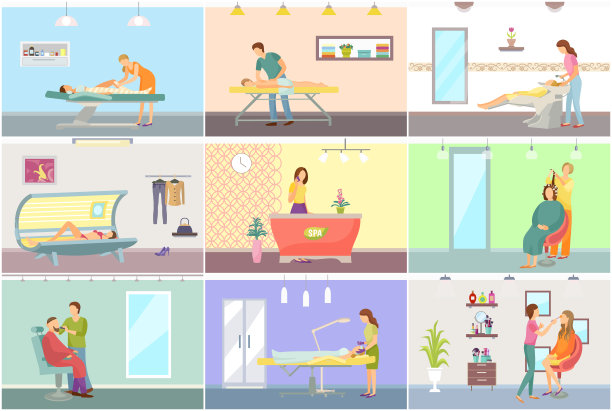 水疗沙龙足疗和理发师矢量海报集图片下载