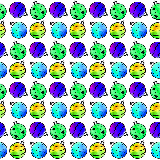 无缝模式与水彩圣诞树球。新年圣诞背景纹理。用于贺卡，包装纸，包装，织物，日历，印刷品，标志，横幅，海报，网页图片下载