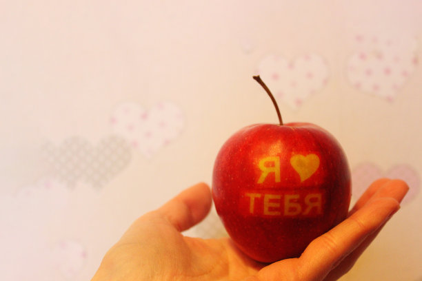 在苹果上刻有“我爱你”的字样图片下载