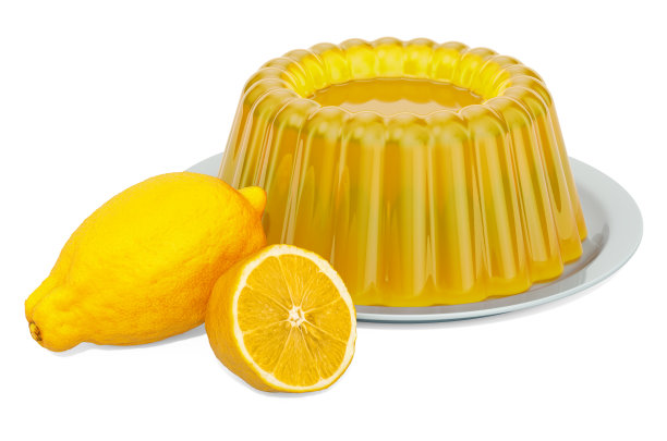 柠檬果冻与柠檬盘，3D渲染孤立的白色背景图片下载