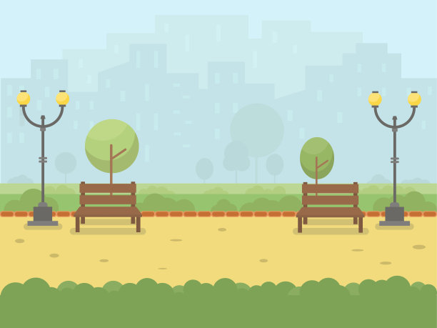 城市公园以长凳和树木为平面风格。绿地公园的背景是城镇的商业摩天大楼图片下载
