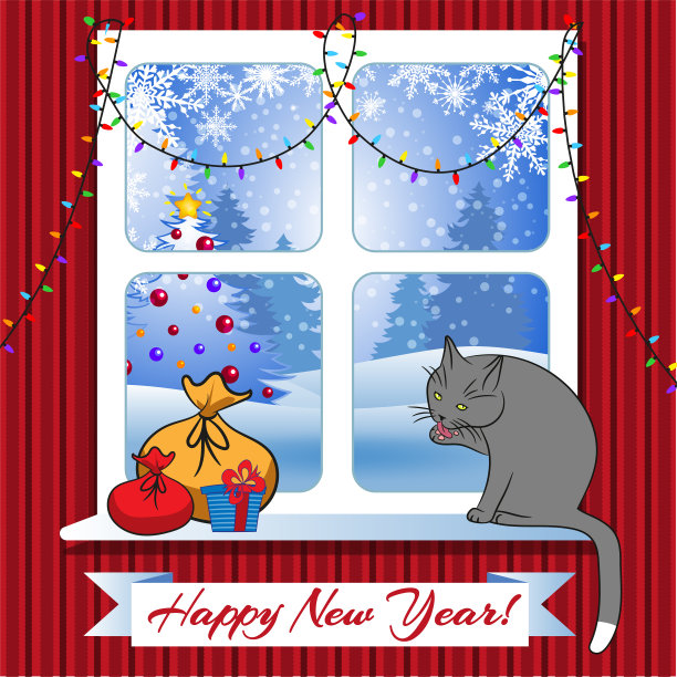 窗户上有圣诞礼物和舒适的猫，冬天的森林里有圣诞树外面的景色。图片下载