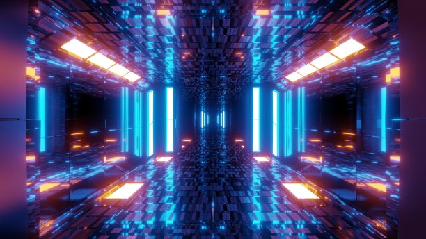 时尚的科幻隧道走廊反光砖纹理和发光的灯光3d插图背景墙纸图片下载