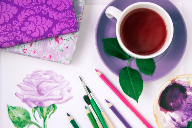 喝杯茶，用水彩画、素描、铅笔和画笔图片下载