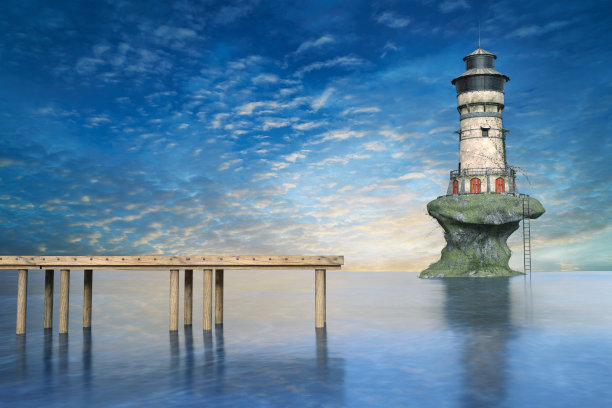 码头侧视图水上与一个大灯塔在远处，3d渲染。图片下载