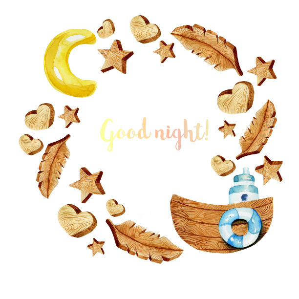 花环的水彩木制心，星星，羽毛和船，手绘在一个白色的背景图片下载