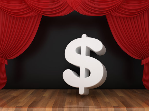 美元符号与红色舞台窗帘在木地板- 3D渲染图片下载