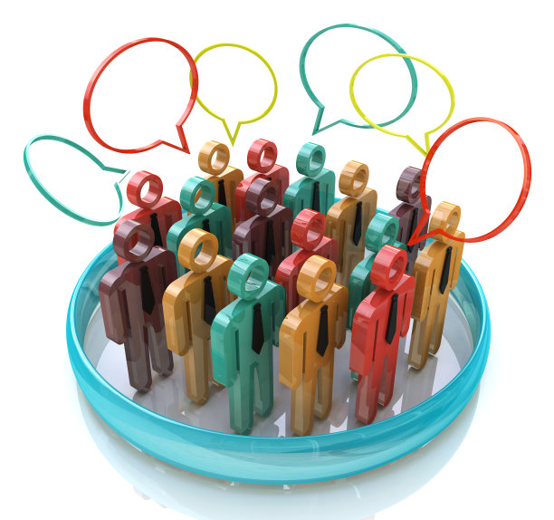 内部圈子的商务人士在社交媒体网络语音泡泡中交谈会面，设计与沟通相关的信息。三维演示图片下载