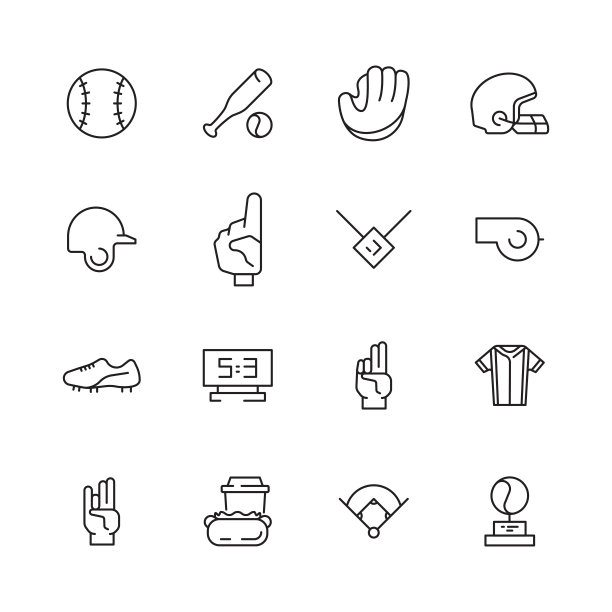 棒球图标。运动美国本土游戏符号球场手套向量棒球集合图片下载