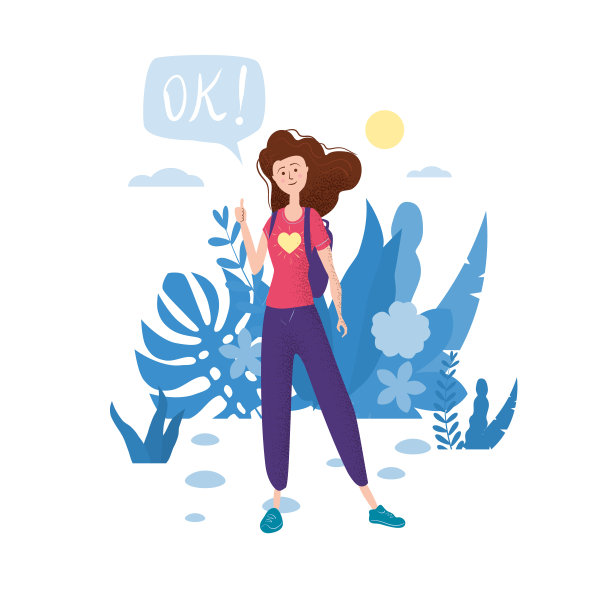 拇指向上的快乐少女。学生用背包泡好了。矢量时尚平面卡通风格，插画。花的背景图片下载