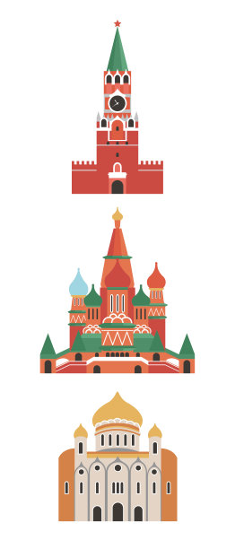 俄罗斯，莫斯科。城市的建筑。Spasskaya塔，基督救世主大教堂，圣巴西尔大教堂。具有历史意义的建筑。矢量插图。图片下载
