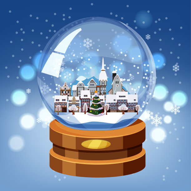 圣诞纪念品雪球与小镇在冬天的冷杉树。矢量插图孤立图片下载