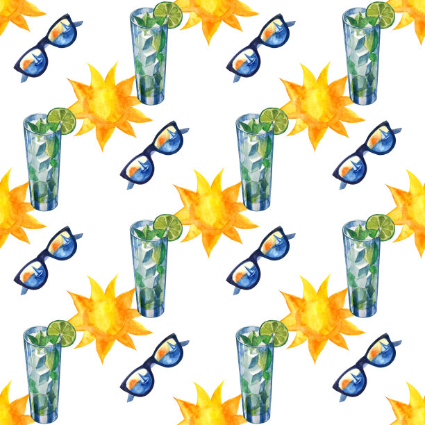 水彩热带无缝模式与太阳镜。手绘装饰背景。印刷纺织品，布料，墙纸，剪贴簿图片下载